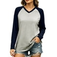 thumbnail image 1 of Women's V Neck Long Sleeve Shirts, Raglan Color Block Tees Baseball Style Loose Casual Tops Navy XXL(XXL), 1 of 7