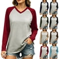 thumbnail image 1 of Women's V Neck Long Sleeve Shirts, Raglan Color Block Tees Baseball Style Loose Casual Tops Red XL(XL), 1 of 7
