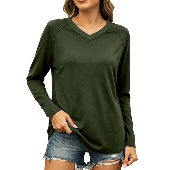 Women's V Neck Long Sleeve Shirts V Neck Casual Solid Fall and Winter Pullover Tops Sport Sweatshirt