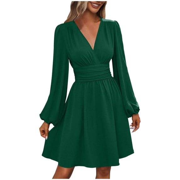 Women's V-Neck Long Sleeve Short Dress A-line High Waisted Casual Flowy Dress for Cocktail Wedding Guest