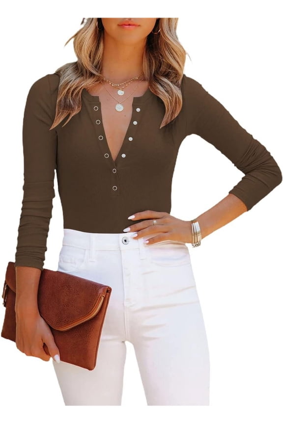 Women’s V Neck Long Sleeve Short Sleeve Button Down Ribbed Knit Leotards Bodysuits Tops Jumpsuit