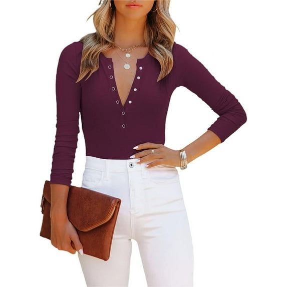 Women’s V Neck Long Sleeve Short Sleeve Button Down Ribbed Knit Leotards Bodysuits Tops Jumpsuit