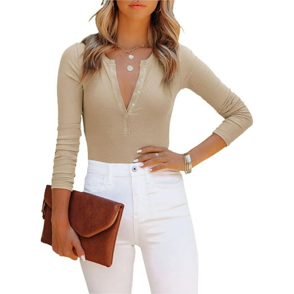 Women’s V Neck Long Sleeve Short Sleeve Button Down Ribbed Knit Leotards Bodysuits Tops Jumpsuit