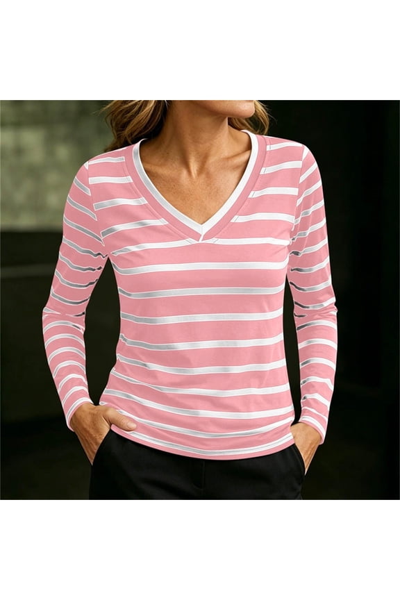 Women's V Neck Long Sleeve Striped T-Shirt Classic Slim Casual Tops Soft Stretchy Tunic Shirts for Everyday S