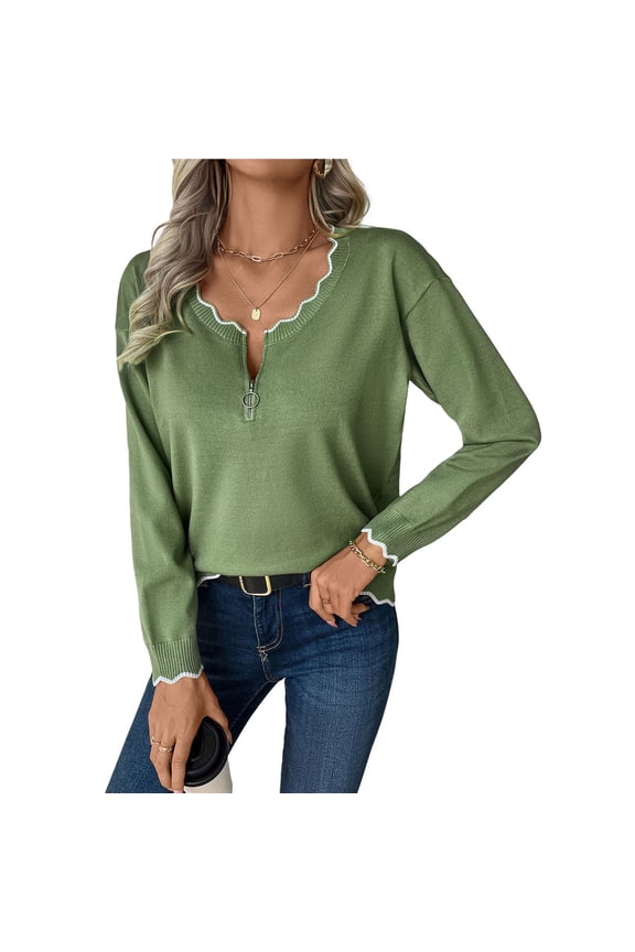 Women's V Neck Long Sleeve Sweater Half Zipper Knit Sweater Casual Cricket Stripe Jumper Pullover Knit Tops Green L