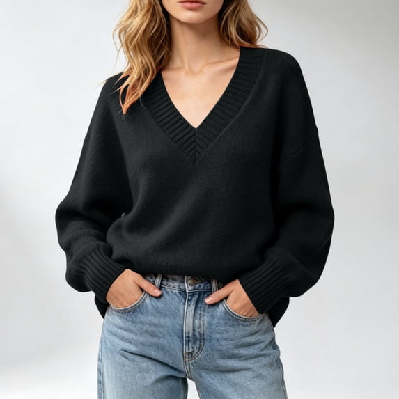 Women's V Neck Long Sleeve Sweater, Loose Oversized Knit Pullover Top,M,Women's Plus Size