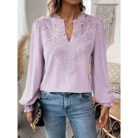 Women's V-Neck Long Sleeve Swiss Dot Chiffon Blouse with Lace Embroidery