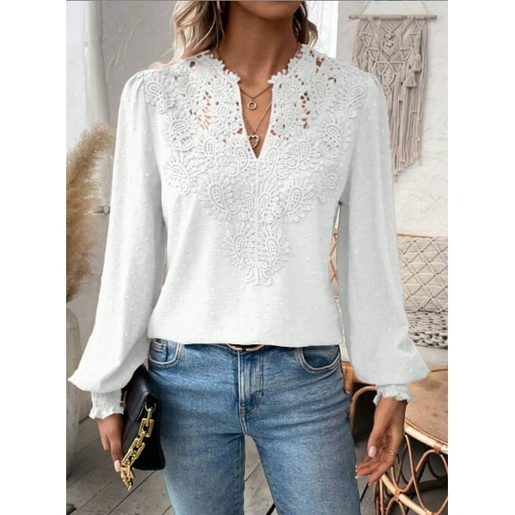 Women's V-Neck Long Sleeve Swiss Dot Chiffon Blouse with Lace Embroidery