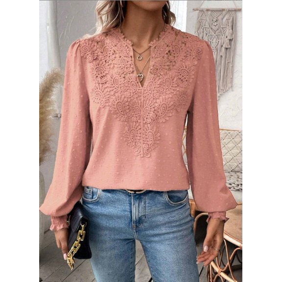 Women's V-Neck Long Sleeve Swiss Dot Chiffon Blouse with Lace Embroidery