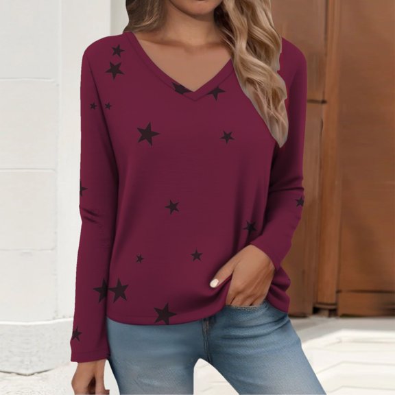 Women's V-Neck Long Sleeve T-Shirt Casual Comfort Fit Top with Fashionable Design for All Seasons Spring Summer Fall Winter Daily Wear Red M