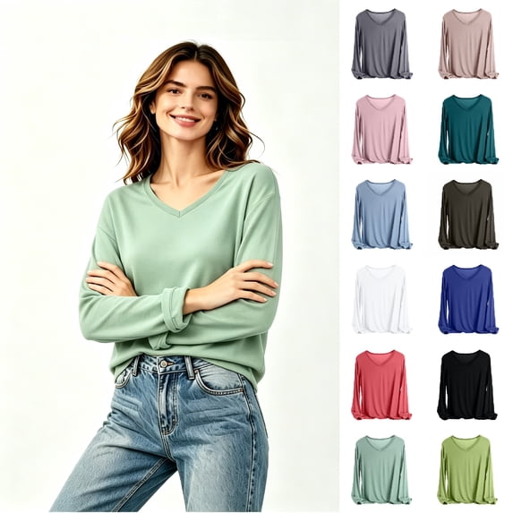 Women's V Neck Long Sleeve T Shirt, Solid Soft Loose Casual Top,L
