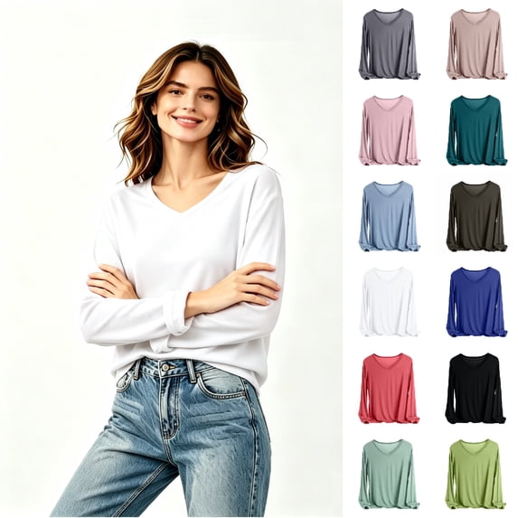 Women's V Neck Long Sleeve T Shirt, Solid Soft Loose Casual Top,XL