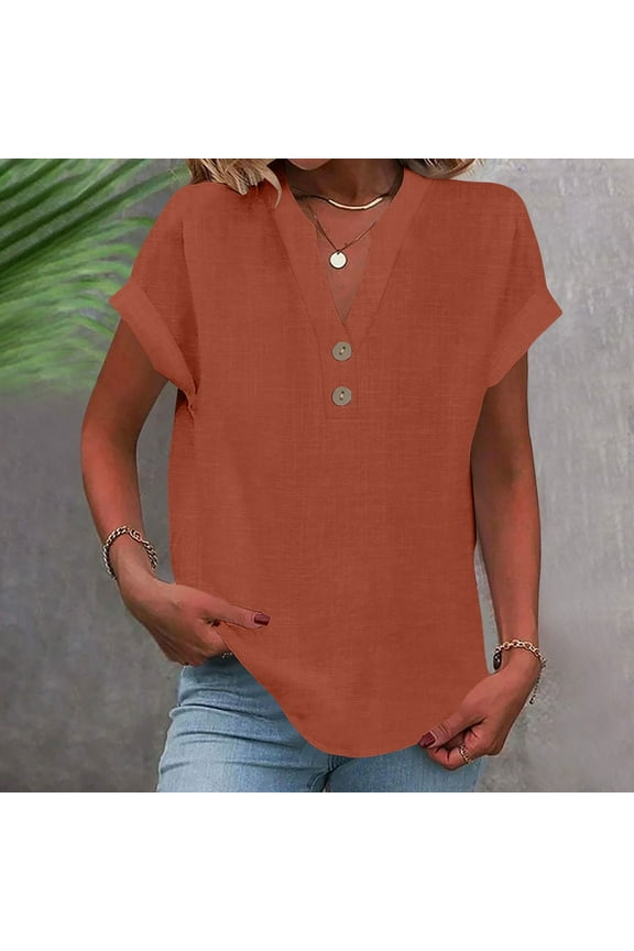 Women's V-Neck Long Sleeve T-Shirt in Cotton Linen Blend for Casual Wear