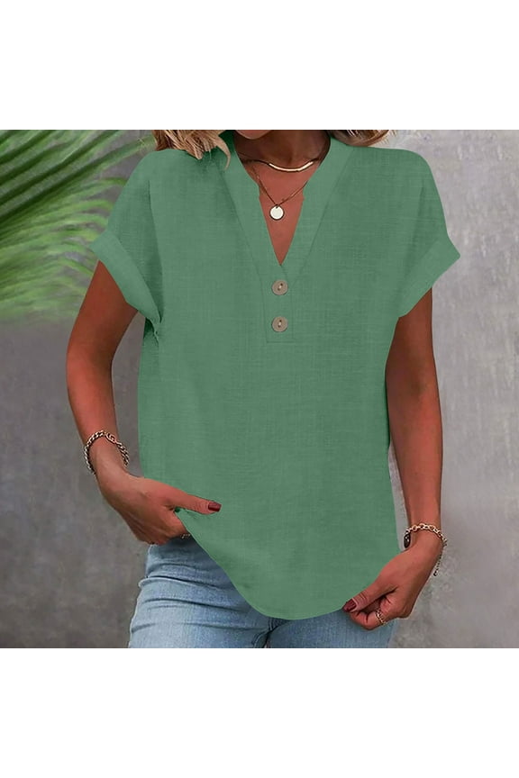 Women's V-Neck Long Sleeve T-Shirt in Cotton Linen Blend for Casual Wear