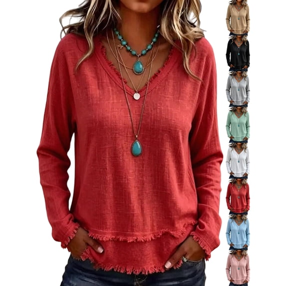 Women's V Neck Long Sleeve T-Shirts Pullover Lightweight Loose Fit Basic Solid CasualEveryday Fall Winter Layering Tops