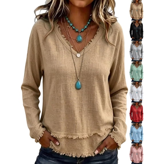Women's V Neck Long Sleeve T-Shirts Pullover Lightweight Loose Fit Basic Solid CasualEveryday Fall Winter Layering Tops