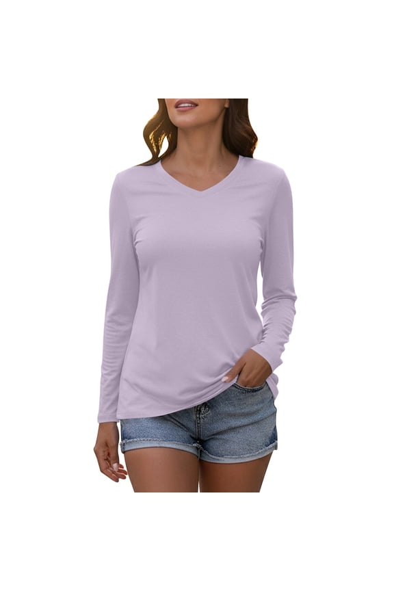 Women's V-Neck Long Sleeve T-shirts Casual Color Block/Solid Tunic Tops Basic Tees