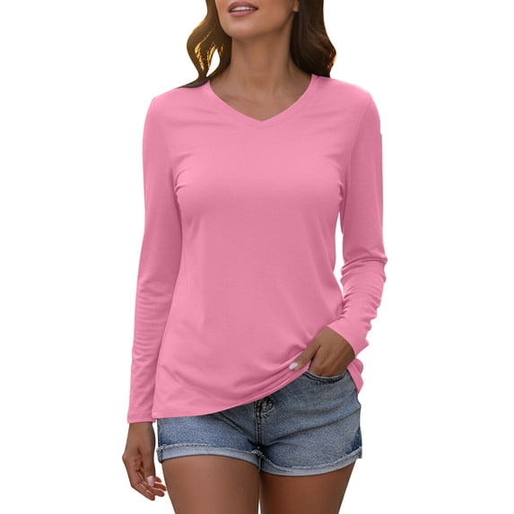 Women's V-Neck Long Sleeve T-shirts Casual Color Block/Solid Tunic Tops Basic Tees