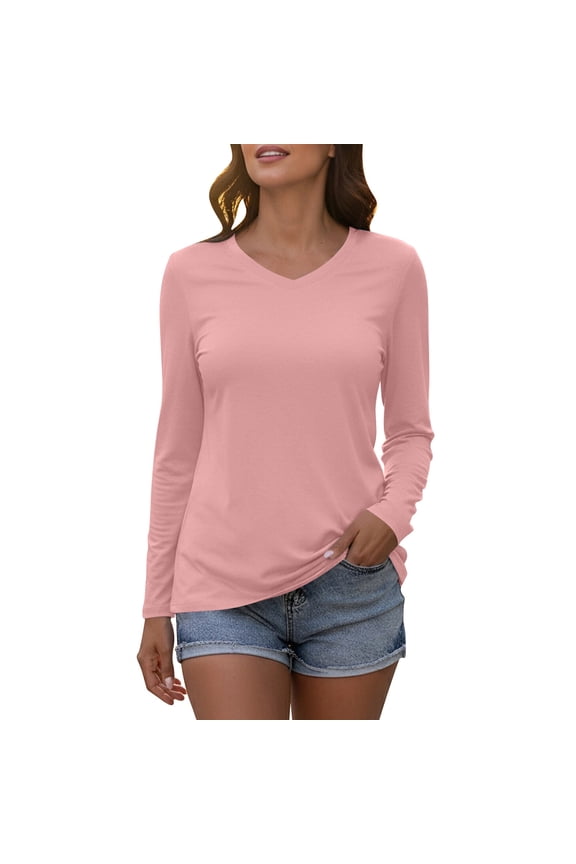 Women's V-Neck Long Sleeve T-shirts Casual Color Block/Solid Tunic Tops Basic Tees