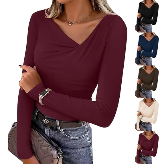 Women's V Neck Long Sleeve Tops Shirts Blouses Solid Color Loose Fit Casual Daily Wear Business Casual Work Office Vacation Outfits Fashion Essential Gift for Women | Aestivo,Beige XL