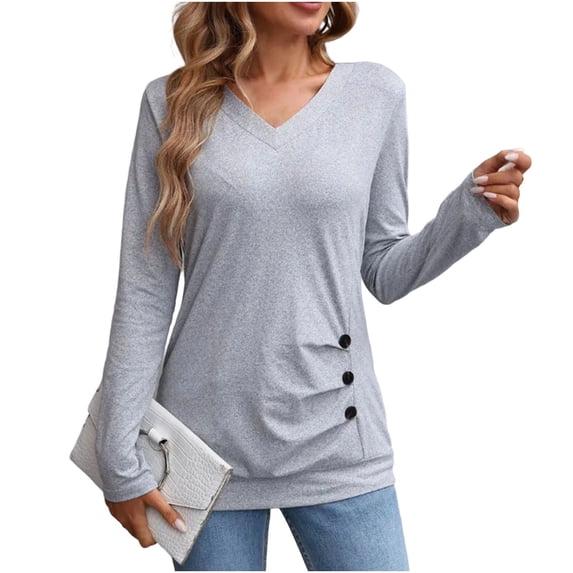 Women's V Neck Long Sleeve Tunic Tops Side Ruched Solid Loose Lightweight Basic T Shirts Dressy Casual Blouse Tops Fashion Outfits Gray