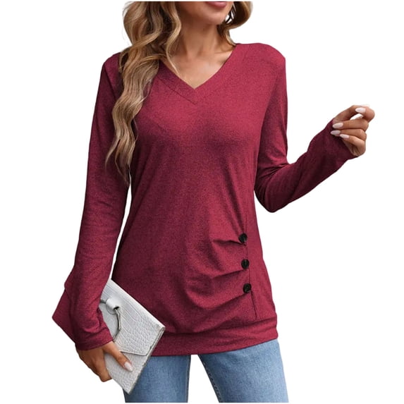 Women's V Neck Long Sleeve Tunic Tops Side Ruched Solid Loose Lightweight Basic T Shirts Dressy Casual Blouse Tops Fashion Outfits Wine