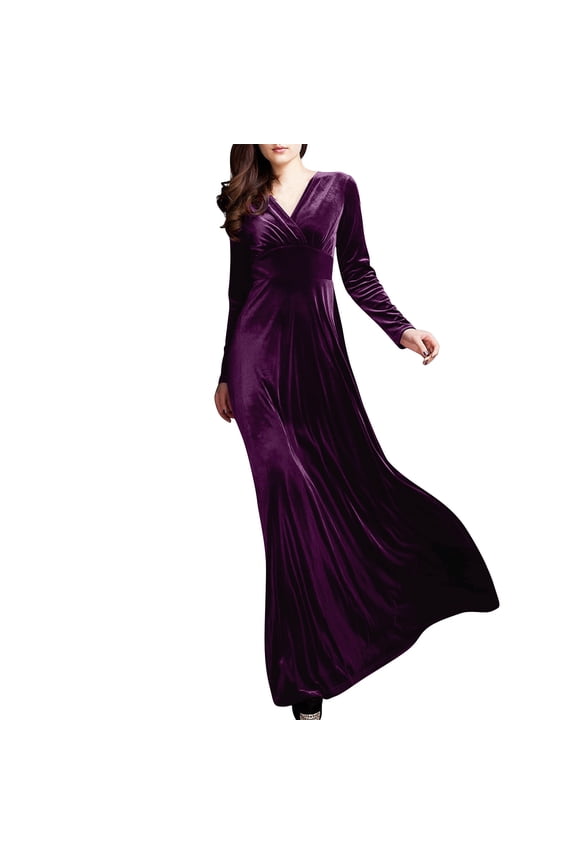 Women s V Neck Long Sleeve Velvet Maxi Dress Flowy Floor Length Formal Evening Party Dress Slim Fitted Ruched Bodycon Dress Soft Stretchy Fabric for Weddings Proms