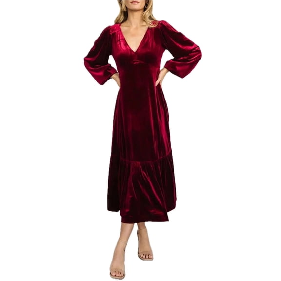 Women's V Neck Long Sleeve Velvet Midi Dress 95% Polyester 5% Elastane Ruched Sheer Overlay Opaque Stretchy Body