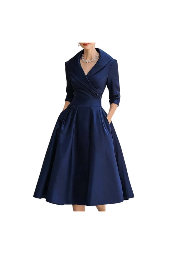 Women's V Neck Long Sleeve Waist Cinching Midi Dress Satin Fabric Cross Front Design With Pockets Flowy A Line Silhouette Elegant Formal Party Evening Retro Dress
