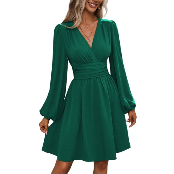 Women's V-Neck Long Sleeve Wrap Waist A-Line Mini Dress