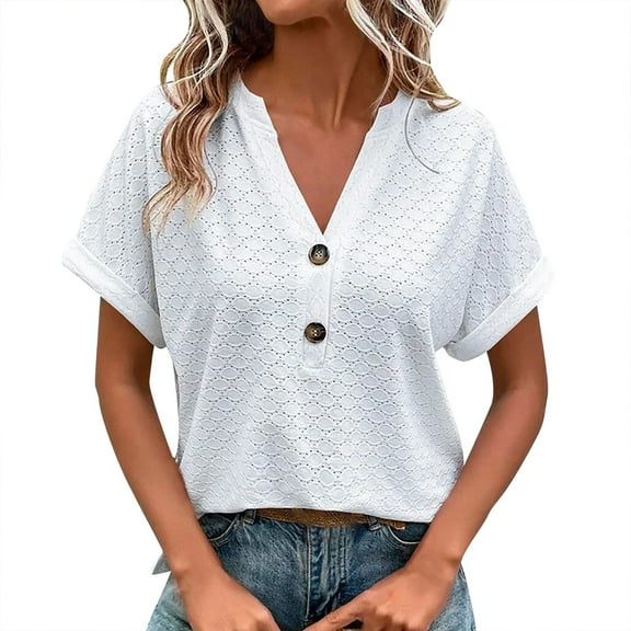 Women's V Neck Loose Fit Casual Short Sleeve T-Shirt Pure Color Summer Blouse Comfortable Breathable Lace Top