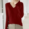thumbnail image 1 of Women's V Neck Loose Fit Lightweight Sweater, Soft Knit Pullover, Long Sleeve Casual Top, Solid Color Thin Sweater, Everyday Wear Blouse, Comfortable Knitwear Wine L, 1 of 4