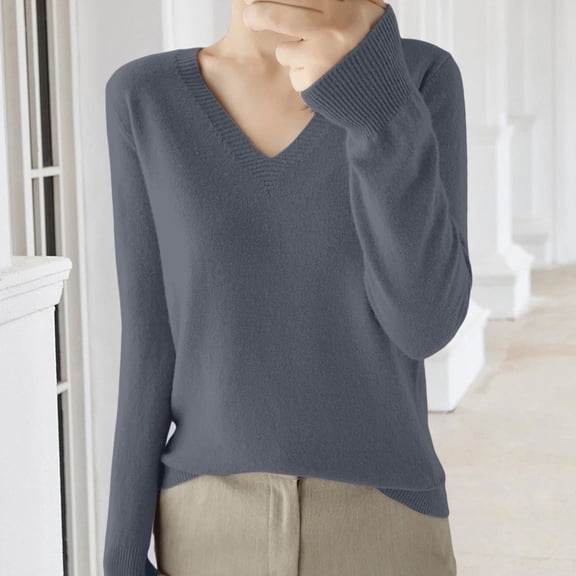 Women's V Neck Loose Fit Lightweight Sweater, Soft Knit Pullover, Long Sleeve Casual Top, Solid Color Thin Sweater, Everyday Wear Blouse, Comfortable Knitwear Dark Gray XL