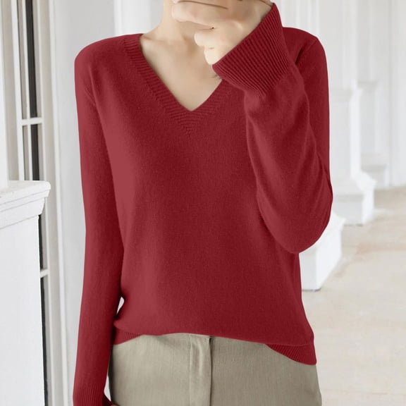 Women's V Neck Loose Fit Lightweight Sweater, Soft Knit Pullover, Long Sleeve Casual Top, Solid Color Thin Sweater, Everyday Wear Blouse, Comfortable Knitwear Brick Red XL