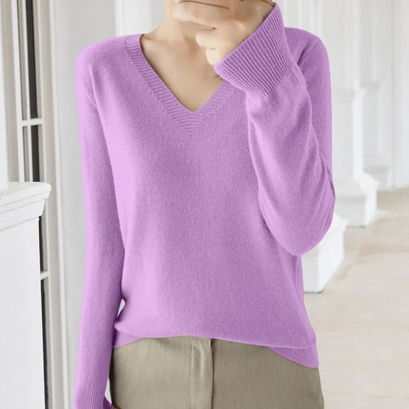 Women's V Neck Loose Fit Lightweight Sweater, Soft Knit Pullover, Long Sleeve Casual Top, Solid Color Thin Sweater, Everyday Wear Blouse, Comfortable Knitwear Light Violet XXL