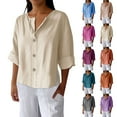 thumbnail image 1 of Women's V-Neck Loose Fit Top Shirts Blouses 3/4 Sleeve Linen Look Solid Color Button Detail Casual Daily Wear Work Office Vacation Fashion Essential for Women | CSEONE,Beige L, 1 of 9