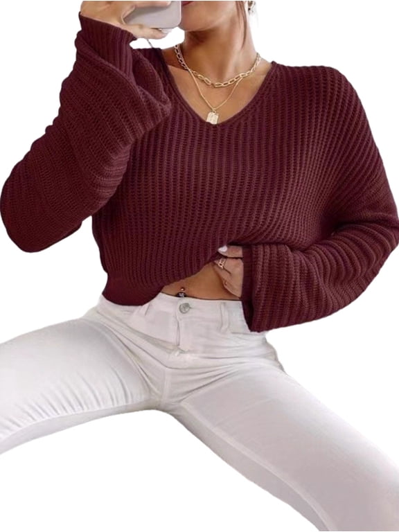 Women's V Neck Loose Ribbed Bell Sleeve Knit Pullover Wine Red L