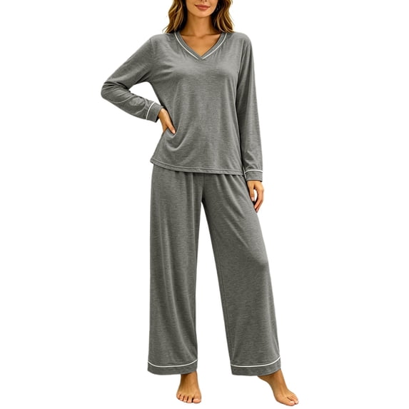 Women's V-Neck Loungewear Two Piece Set Loose Long Sleeve Top and Straight Leg Full Length Pants Soft Breathable Casual Pajama Set Dark Gray