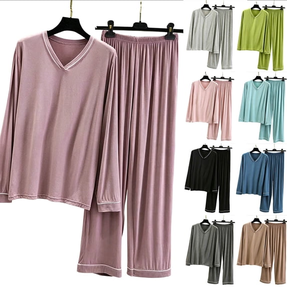 Women's V-Neck Loungewear Two Piece Set Loose Long Sleeve Top and Straight Leg Full Length Pants Soft Breathable Casual Pajama Set Purple
