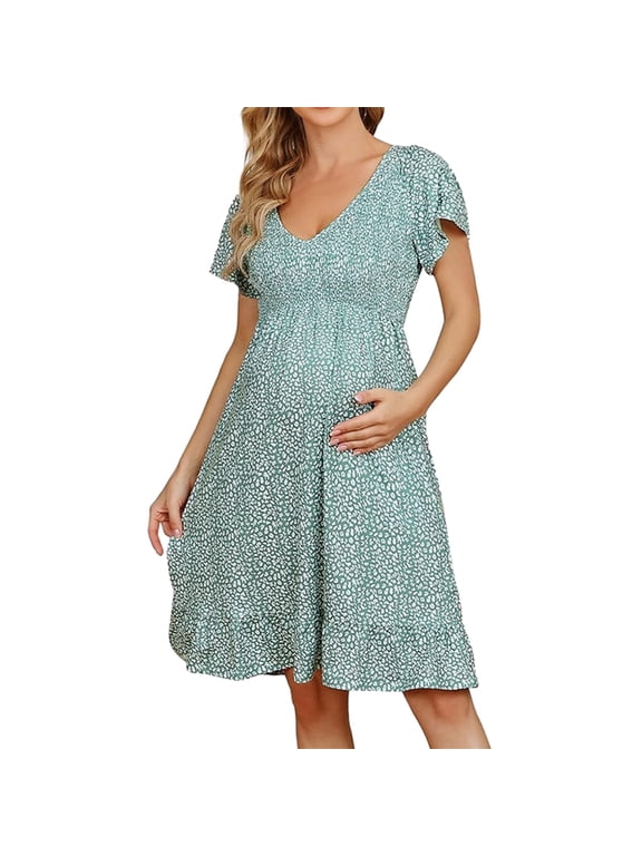 Women's V Neck Maternity Dress Casual Soft 2024 Summer Boho Floral Short Sleeve Swing Dresses Ladies Pregnancy Clothes