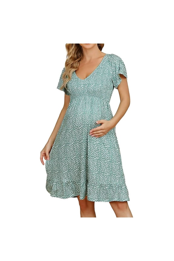 Women's V Neck Maternity Dress Casual Soft 2024 Summer Boho Floral Short Sleeve Swing Dresses Ladies Pregnancy Clothes