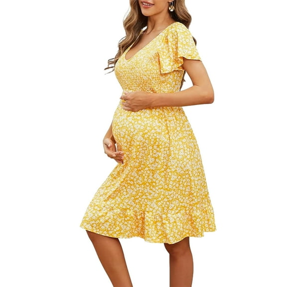 Women's V Neck Maternity Dress Casual Soft 2024 Summer Boho Floral Short Sleeve Swing Dresses Ladies Pregnancy Clothes