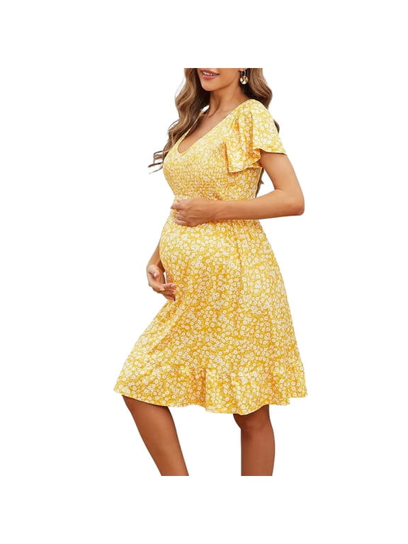 Women's V Neck Maternity Dress Casual Soft 2024 Summer Boho Floral Short Sleeve Swing Dresses Ladies Pregnancy Clothes
