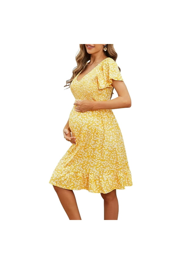 Women's V Neck Maternity Dress Casual Soft 2024 Summer Boho Floral Short Sleeve Swing Dresses Ladies Pregnancy Clothes