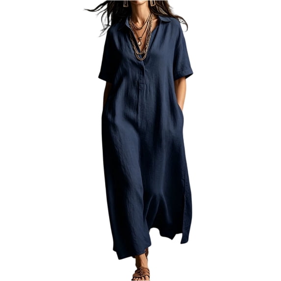 Women's V Neck Maxi Dress, Elegant Collared Boyfriend Tunic Dress, Solid Color Loose Kaftan Lounge Dress for Travel and Office