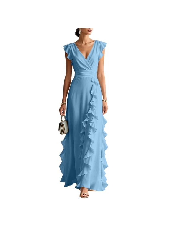 Women's V Neck Maxi Dress, Flutter Sleeve Ruffle Evening Gown, Elegant Wedding Guest Bridesmaid Formal Dress with Zipper