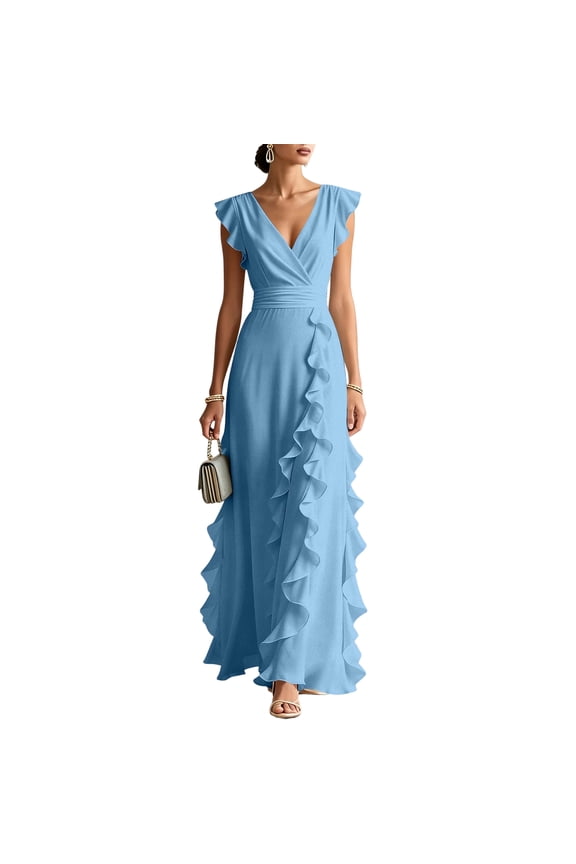 Women's V Neck Maxi Dress, Flutter Sleeve Ruffle Evening Gown, Elegant Wedding Guest Bridesmaid Formal Dress with Zipper