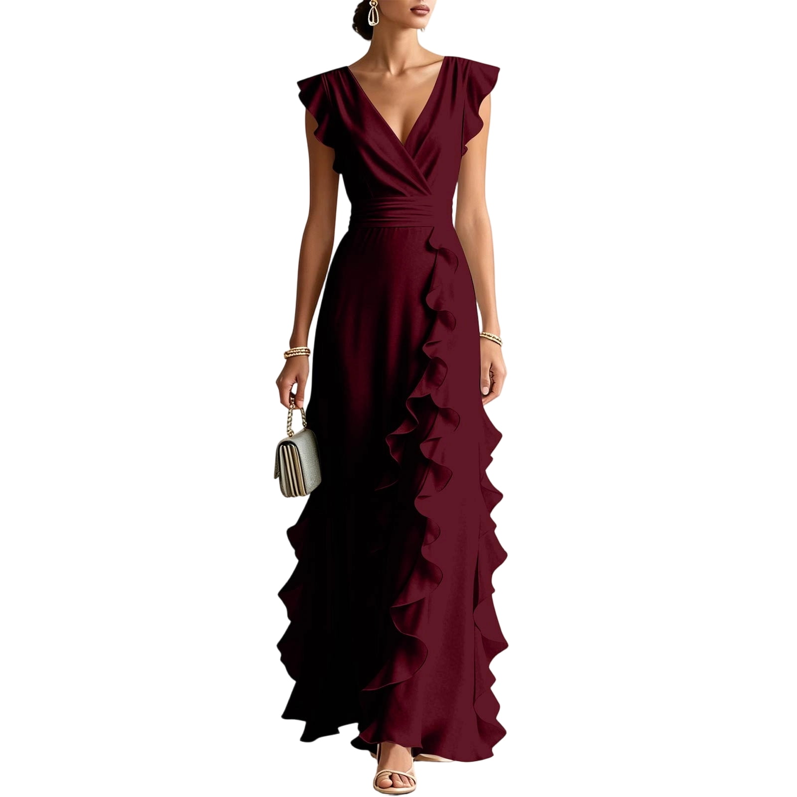 flutter sleeve formal dress Embellished Chiffon A-line Gown by Juliet JTM14F M / Silver Line Dry Flutter-Sleeve Long Blush Pink Prom