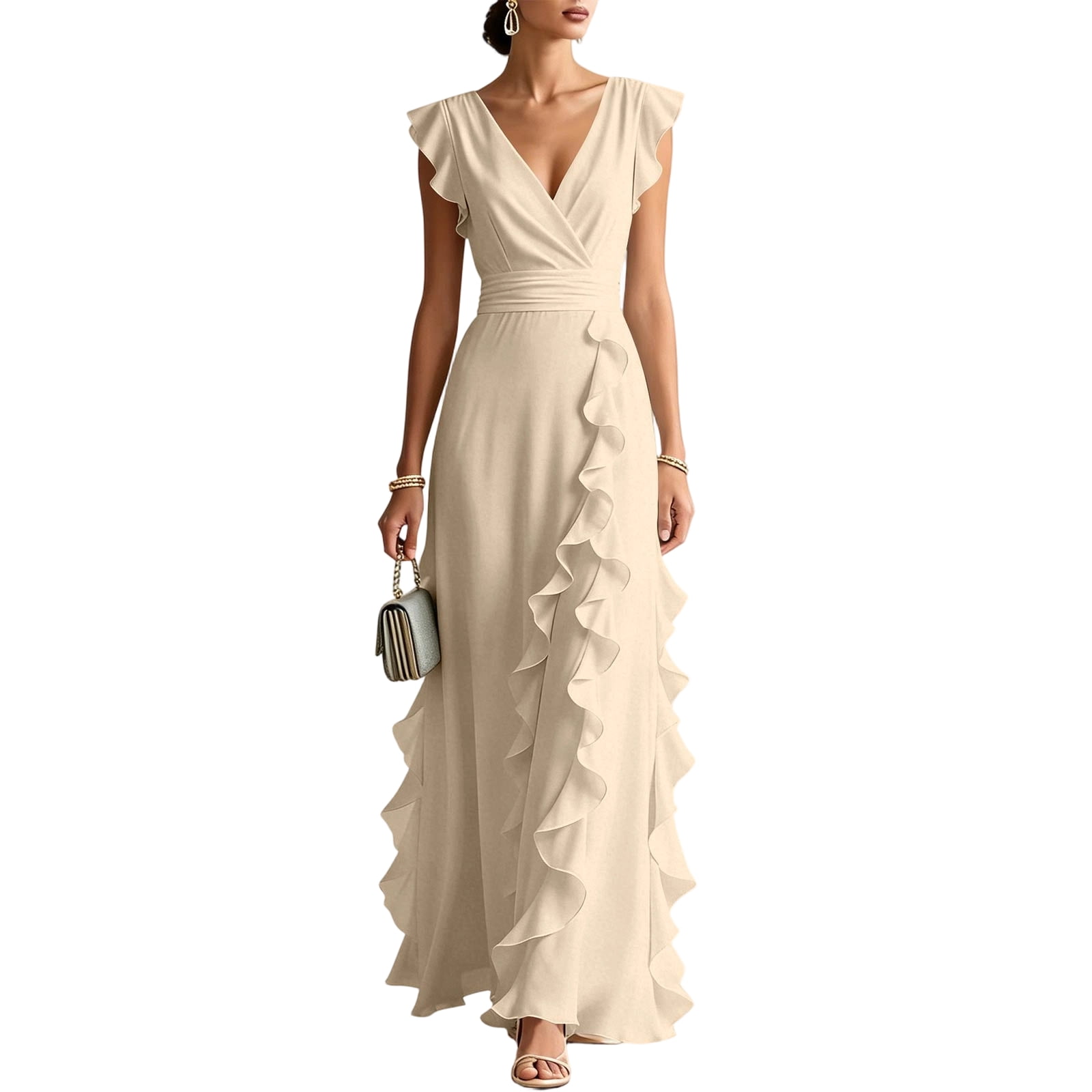 formal elegant maxi dresses Women's V Neck Dress, Flutter Sleeve Ruffle Evening Gown, Wedding Guest Bridesmaid Dress with Zipper dramatic ruffle dress