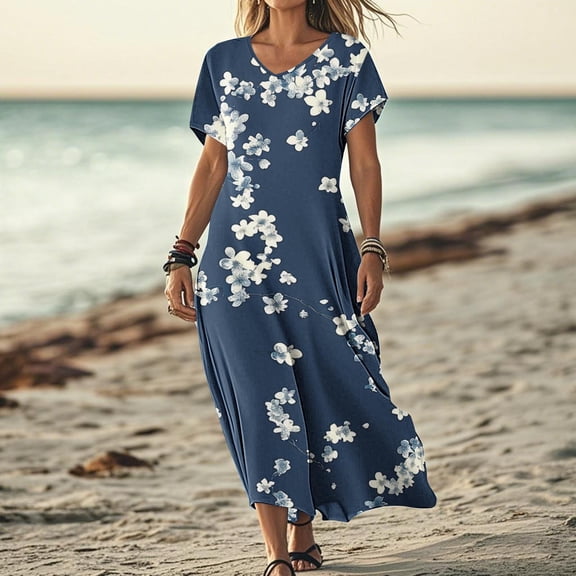 Women's V Neck Maxi Dress Short Sleeve Printed Flowy Summer Long Dress Navy XXL